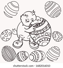 easter coloring page little cute chick hugs a big Easter egg