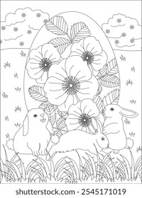 Easter coloring page rabbit with big flower decor eggs vector