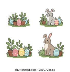 Easter Coloring Page with Rabbits, Eggs, and Spring Plants