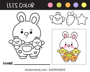 bunte Osterseiten. Hasenhase mit Hähnchen (Kinderblatt). Kawaii-Jagd auf Eier (Charakterkartoon). Frühlingsaktivitäten Urlaub.Perfekt für Bildung, Feiern, Gruß.