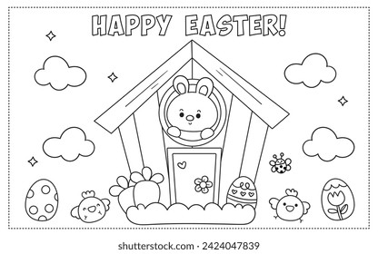 Easter coloring pages. Cute bunny rabbit in house (Kids worksheet). Kawaii animals egg hunting (Character cartoon). Spring activities holiday. Perfect for education, celebration party, greeting card.