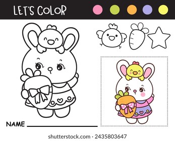 Easter coloring pages. Cute bunny rabbit hug giant carrot (Kids worksheet). Kawaii animals egg hunting (Character cartoon). Spring activities holiday. Perfect for education, celebration party.