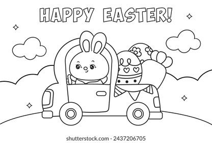 Easter coloring pages. Cute bunny drive car delivery carrot and eggs outline (Kids worksheet). Kawaii animals rabbit egg hunting (Character cartoon). Spring activities holiday. Perfect for education.