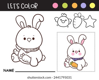 Easter coloring pages. Cute bunny carrot farm outline (Kids worksheet). Kawaii animals rabbit egg hunting (Character cartoon). Spring activities holiday. Perfect for education, celebration party.