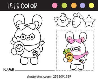 Easter coloring pages. Cute bunny rabbit cartoon holding chick in carrot (Kids worksheet). Kawaii animals egg hunting (whimsical characters). Spring activities holiday. Perfect for education.