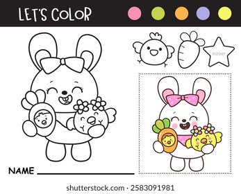 Easter coloring pages. Cute bunny rabbit cartoon holding chicks and carrot (Kids worksheet). Kawaii animals egg hunting (whimsical characters). Spring activities holiday. Perfect for education.