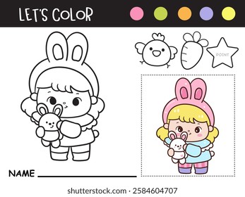 Easter coloring pages. Cute bunny girl hug little rabbit (Kids worksheet). Kawaii animals egg hunting (whimsical characters). Spring activities holiday. Perfect for education, celebration party.