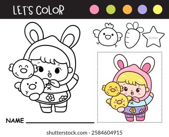 Easter coloring pages. Cute bunny girl hug little chicks (Kids worksheet). Kawaii animals egg hunting (whimsical characters). Spring activities holiday. Perfect for education, celebration party.