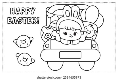 Easter coloring pages. Cute bunny girl on truck with little chicks carrot and eggs (Kids worksheet). Kawaii animals egg hunting (whimsical characters). Spring activities holiday. Perfect for education