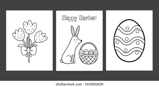 Easter coloring pages set with cute bunny, egg and tulips. Black and white spring activity pages collection for kids. Coloring book with rabbit. Vector illustration