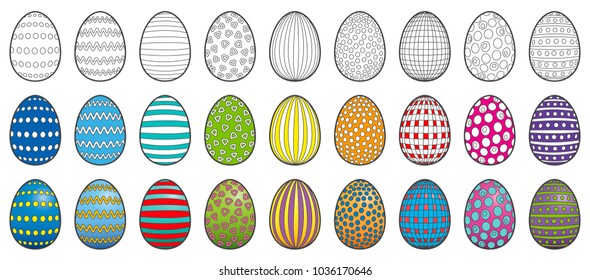 Easter coloring picture - different stages of easter eggs with different patterns - isolated vector illustration on white background.