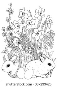 Easter coloringpage. Easter bunny. Spring flowers set - Daffodil, Hyacinthus, Snowdrop, Forsythia. A4 printable coloring book page. Hand-drawn illustration . All elements are isolated and editable. 