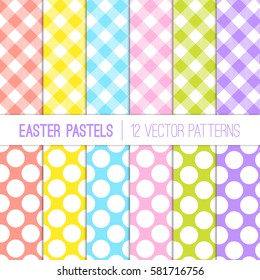 Easter Colors Gingham Plaid and Jumbo Dots Vector Patterns. Fresh Shades of Coral Orange, Yellow, Pink, Blue, Lime Green and Purple / Violet. Pattern Tile Swatches Included.