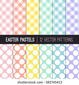 Easter Colors Gingham Plaid And Jumbo Polka Dots Vector Patterns. Pastel Shades Of Pink, Coral Orange, Yellow, Turquoise, Blue And Lavender Purple. Pattern Tile Swatches Included.