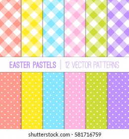 Easter Colors Pixel Gingham Plaid and Tiny Polka Dots Vector Patterns. Fresh Shades of Coral Orange, Yellow, Pink, Blue, Lime Green and Purple / Violet. Pattern Tile Swatches Included.