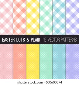 Easter Colors Pixel Gingham And Tiny Polka Dots Vector Patterns. Modern Pastel Shades Of Pink, Coral Orange, Yellow, Turquoise, Blue And Lavender Purple. Pattern Tile Swatches Included.