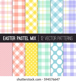 Easter Colors Polka Dots, Gingham and Tartan Plaid Vector Patterns. Pastel Shades of Pink, Coral Orange, Yellow, Turquoise, Blue and Lavender Purple. Pattern Tile Swatches Included.