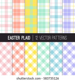 Easter Colors Tartan And Gingham Plaid Vector Patterns. Pastel Shades Of Pink, Coral Orange, Yellow, Turquoise, Blue And Lavender Purple. Pattern Tile Swatches Included.