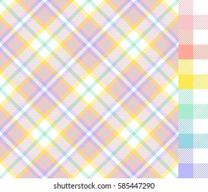 Easter Colors Tartan Plaid and Gingham Seamless Vector Patterns. Pastel Shades of Yellow, Turquoise, Blue, Lavender Purple, Pink and Coral Orange. Pattern Tile Swatches Included.