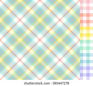 Easter Colors Tartan Plaid and Pixel Gingham Seamless Vector Patterns. Pastel Shades of Yellow, Turquoise, Blue, Lavender Purple, Pink and Coral Orange. Pattern Tile Swatches Included.