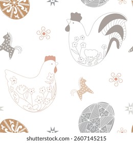 Easter colourful simple pattern with rooster, hen and Easter eggs