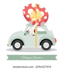 Easter composition with a big red egg, car, and a cute bunny. Easter card in flat vector style. Happy Easter 