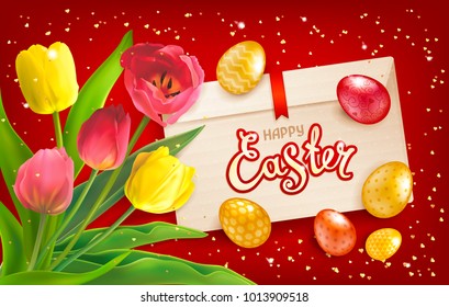Easter Composition with bouquet of red and yellow tulips, envelope, realistic glossy golden eggs and sequins. Inscription Happy Easter. Template for cards, banners, posters, calendars, invitations. 