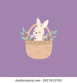 Easter composition of a bunny sitting in basket with flowers. Holiday and spring concept. Vector 