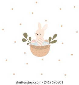 Easter composition of a bunny sitting in basket with eggs. Holiday and spring concept. Vector 