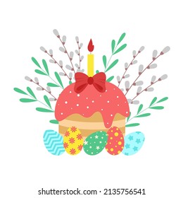 Easter composition with Easter cake, eggs and willow branches. Festive card with Easter symbol. Spring themed template vector illustration