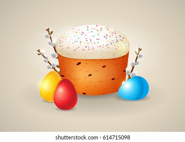 Easter composition with cake, willow branches, eggs