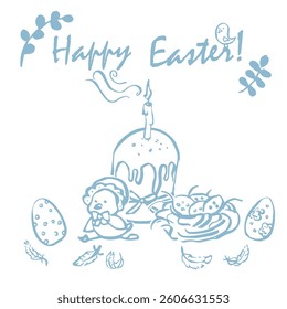 Easter composition with a chicken, botanical twigs and eggs. Ready template for a postcard, poster, invitation for Easter. Vector illustration.