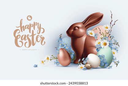 Easter composition with chocolate bunny, Easter eggs and spring flowers