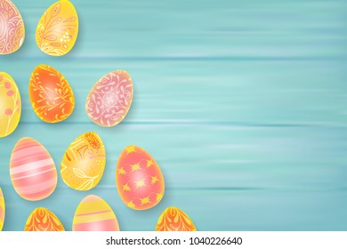 Easter composition with chocolate eggs on color wooden background, space for text. 3d render realistic vector illustration.