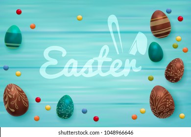 Easter composition with chocolate eggs on color wooden background, Easter greeting text with funny bunny ears. 3d render realistic vector illustration.