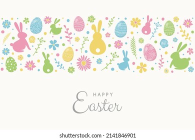 Easter composition with colourful bunnies, eggs and flowers. Greeting card. Vector