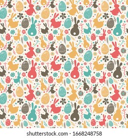 Easter composition with colourful eggs, bunnies and flowers. Seamless pattern. Vector