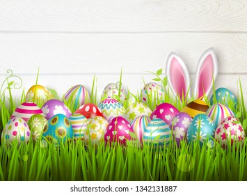 Easter composition with colourful images of festive easter eggs on green grass surface with bunny ears vector illustration