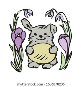 Easter composition. A cute rabbit holds a golden egg surrounded by crocuses and snowdrops. Vector illustration in cartoon style. Isolated on a white background.