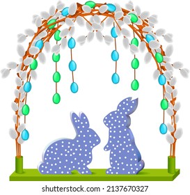 Composición de Semana Santa con conejitos decorativos, ramas de sauce y huevos multicolores de Pascua. Diseño de plantillas para banners, tarjetas de felicitación, medios sociales. Ilustración del vector aislada en fondo blanco