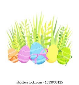 Easter composition with eggs, bow and grass.