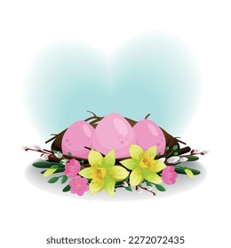 Easter composition with eggs and flowers - bright, spring vector illustration. Yellow and pink colors