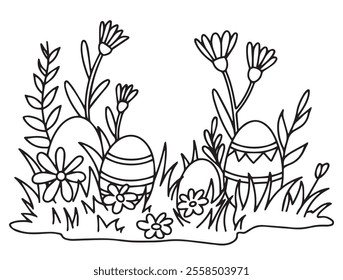 Easter composition with eggs and flowers. cute illustration in doodle style. coloring book