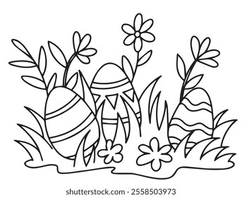 Easter composition with eggs and flowers. cute illustration in doodle style. coloring book