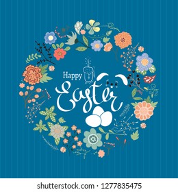 Easter composition with eggs and handdrawn flowers.
