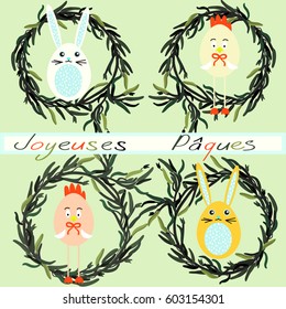 Easter composition with eggs, ribbons, chicken, rabbit
 and olive wreath. " HappyEaster"