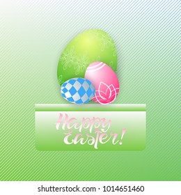 Easter. Composition of festive painted eggs and lettering on a green background