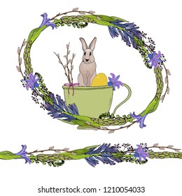 Easter composition of a floral wreath of hyacinth, willow, Easter bunny in a green mug. Happy easter card. Border pattern brush.