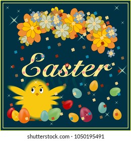Easter composition with flowers and eggs,  chicken. Holiday card - vector illustration