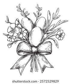 Easter composition with flowers and Easter eggs in vintage style. vector illustration in sketch style.